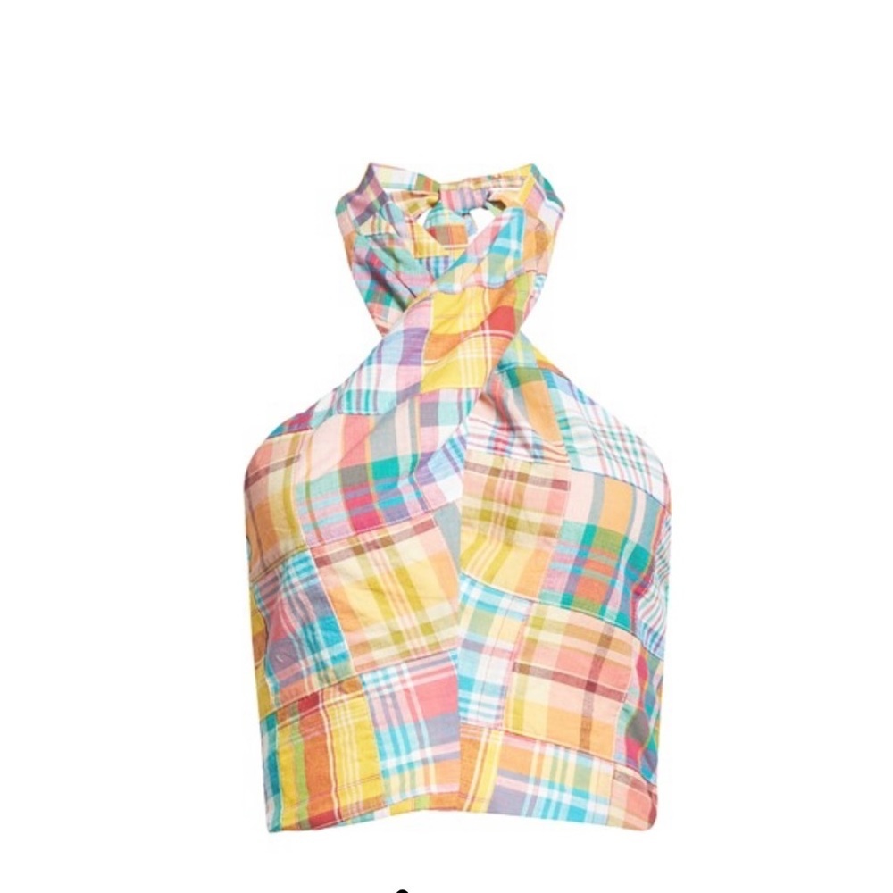 STAUD Multicolor Plaid Twist-Halter Crop Top